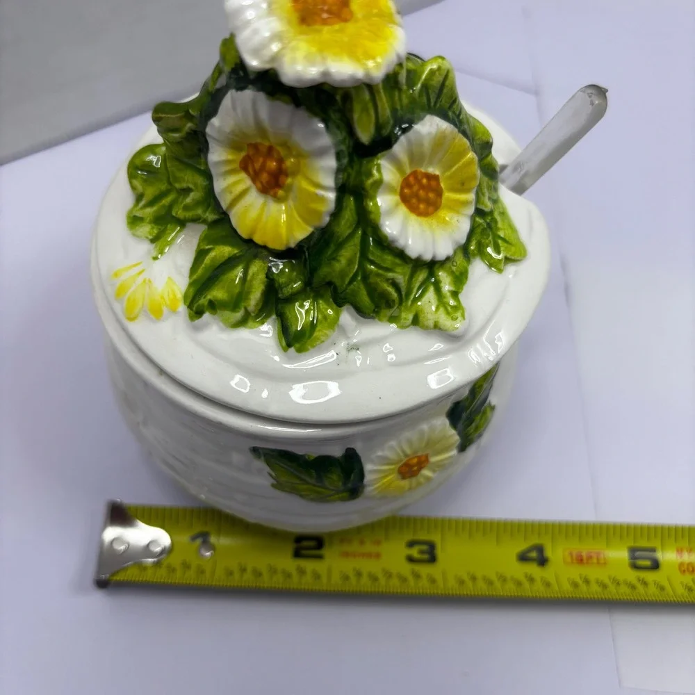 Vintage Lefton Daisy Jam Honey Pot 3858 Basketweave Ceramic Jar with Spoon Japan